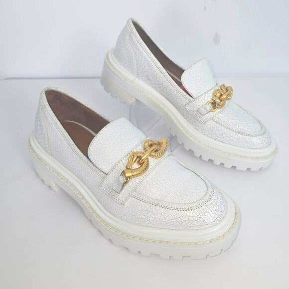 Tory Burch Jessa Lug Sole Loafer White Crackle Gold Tone Metal Horse Head Size 7 - Picture 1 of 13
